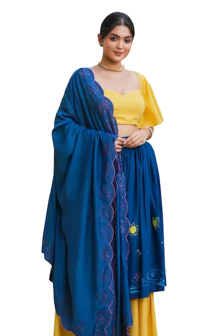 Buy_Pheeta_Yellow Lehenga And Blouse Cotton Hand Painted Beach Day Motifs Kiran Set_Online_at_Aza_Fashions