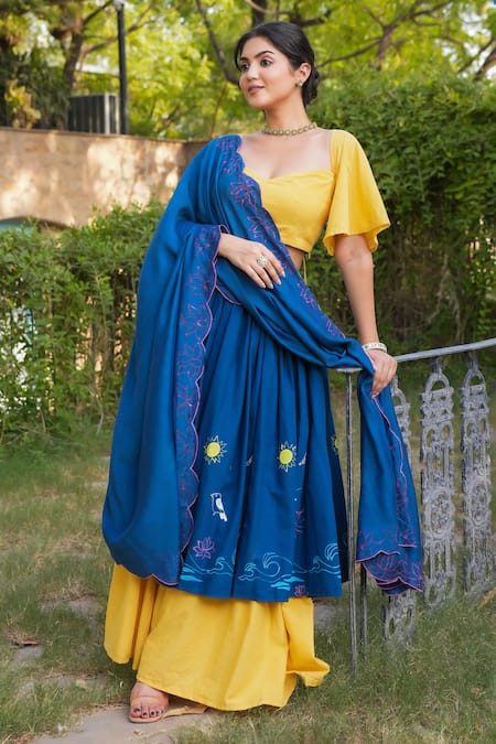 Shop_Pheeta_Yellow Lehenga And Blouse Cotton Hand Painted Beach Day Motifs Kiran Set_Online_at_Aza_Fashions