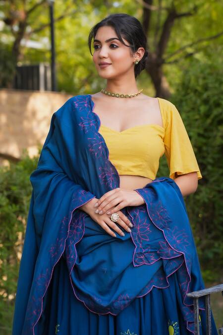Pheeta_Yellow Lehenga And Blouse Cotton Hand Painted Beach Day Motifs Kiran Set_at_Aza_Fashions