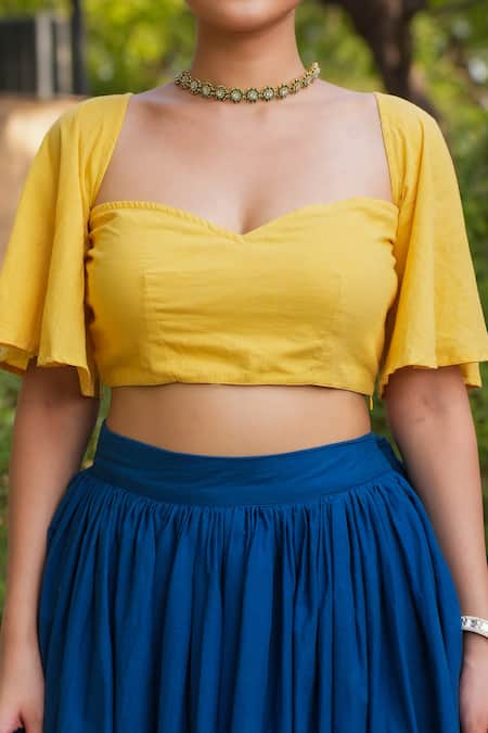 Buy_Pheeta_Yellow Lehenga And Blouse Cotton Hand Painted Beach Day Motifs Kiran Set