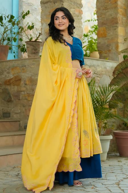 Buy_Pheeta_Yellow Lehenga And Blouse Cotton Hand Painted Peacock Feather V Neck Set_Online_at_Aza_Fashions