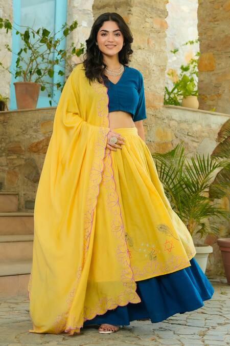 Shop_Pheeta_Yellow Lehenga And Blouse Cotton Hand Painted Peacock Feather V Neck Set_Online_at_Aza_Fashions