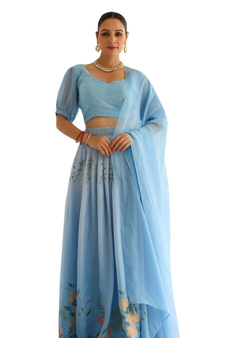Pheeta_Blue Blouse Muslin Digital Print Floral Leaf Neck Megh Lehenga Set_Online_at_Aza_Fashions