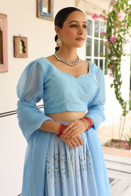 Shop_Pheeta_Blue Blouse Muslin Digital Print Floral Leaf Neck Megh Lehenga Set_Online_at_Aza_Fashions