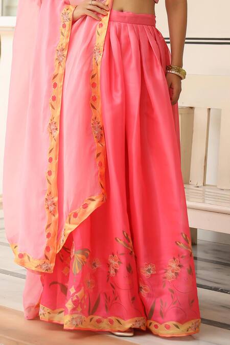 Buy_Pheeta_Pink Blouse Muslin Digital Print Floral Sweetheart Malhar Botanic Lehenga Set_Online_at_Aza_Fashions