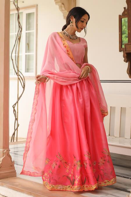 Shop_Pheeta_Pink Blouse Muslin Digital Print Floral Sweetheart Malhar Botanic Lehenga Set_Online_at_Aza_Fashions