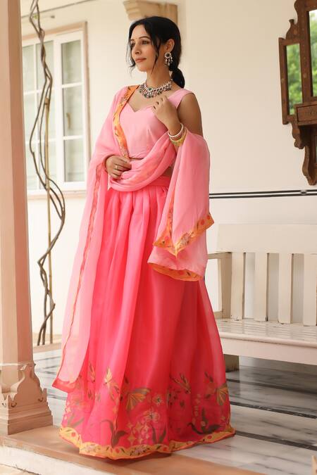 Pheeta_Pink Blouse Muslin Digital Print Floral Sweetheart Malhar Botanic Lehenga Set_at_Aza_Fashions