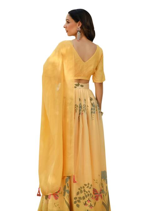 Pheeta_Gold Blouse Muslin Digital Print Floral V Neck Sanjh Lehenga Set_Online_at_Aza_Fashions