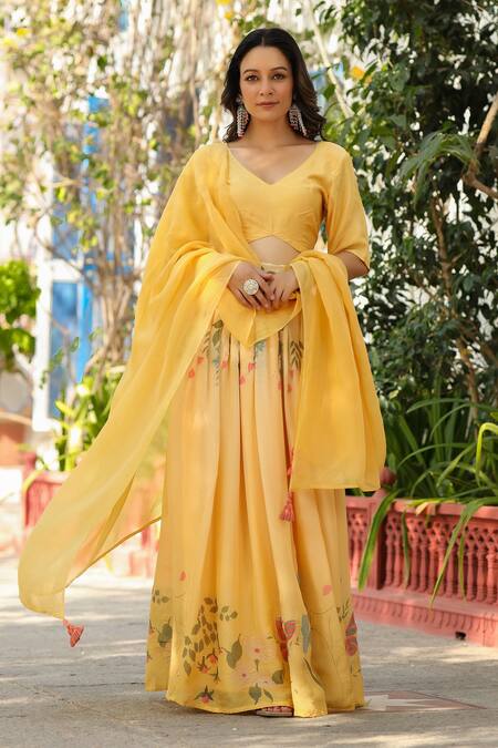 Shop_Pheeta_Gold Blouse Muslin Digital Print Floral V Neck Sanjh Lehenga Set_Online_at_Aza_Fashions