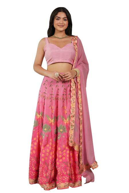 Shop Pheeta Pink Blouse Muslin Digital Print Floral Sweetheart Nihar Lehenga Set Shop_Pheeta_Pink Blouse Muslin Digital Print Floral Sweetheart Nihar Lehenga Set