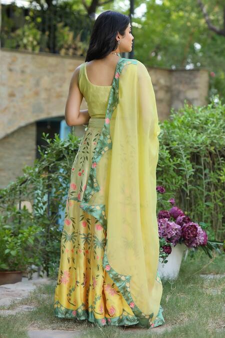 Shop Pheeta Yellow Satin, Georgette, Muslin, Organza Gul Floral Vine Print Lehenga Set at Aza Fashions Shop_Pheeta_Yellow Satin, Georgette, Muslin, Organza Gul Floral Vine Print Lehenga Set_at_Aza_Fashions