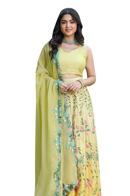 Pheeta Yellow Satin, Georgette, Muslin, Organza Gul Floral Vine Print Lehenga Set Online at Aza Fashions Pheeta_Yellow Satin, Georgette, Muslin, Organza Gul Floral Vine Print Lehenga Set_Online_at_Aza_Fashions