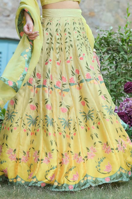 Buy Pheeta Yellow Satin, Georgette, Muslin, Organza Gul Floral Vine Print Lehenga Set Online at Aza Fashions Buy_Pheeta_Yellow Satin, Georgette, Muslin, Organza Gul Floral Vine Print Lehenga Set_Online_at_Aza_Fashions