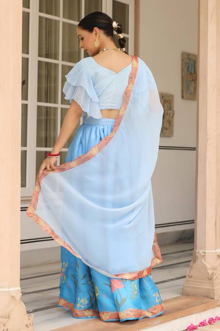 Shop_Pheeta_Blue Muslin, Silk, Organza Embroidery Neer Floral Print Lehenga Set_at_Aza_Fashions