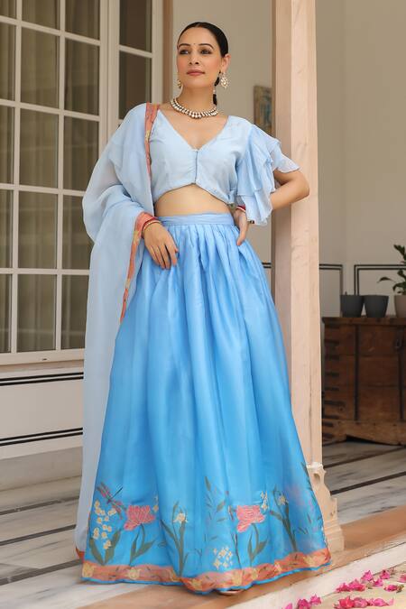 Pheeta_Blue Muslin, Silk, Organza Embroidery Neer Floral Print Lehenga Set_Online_at_Aza_Fashions