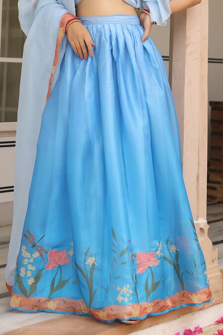 Buy_Pheeta_Blue Muslin, Silk, Organza Embroidery Neer Floral Print Lehenga Set_Online_at_Aza_Fashions