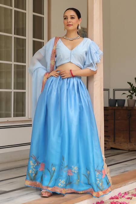 Shop_Pheeta_Blue Muslin, Silk, Organza Embroidery Neer Floral Print Lehenga Set_Online_at_Aza_Fashions