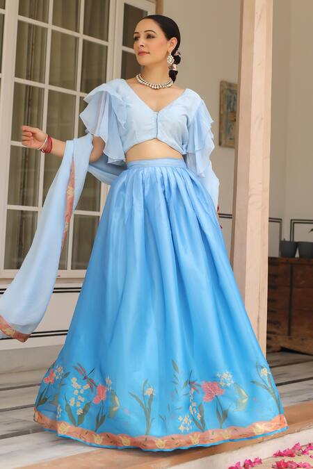 Pheeta_Blue Muslin, Silk, Organza Embroidery Neer Floral Print Lehenga Set_at_Aza_Fashions