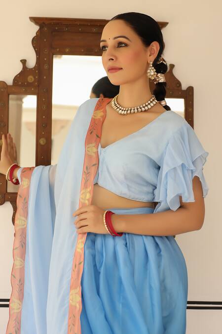 Buy_Pheeta_Blue Muslin, Silk, Organza Embroidery Neer Floral Print Lehenga Set