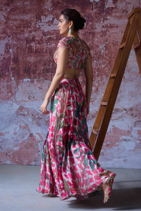 Buy_Mahima Mahajan_Pink Net, Georgette Beads, Mirrors Sweetheart Askshi Floral Print Palazzo Set _Online_at_Aza_Fashions