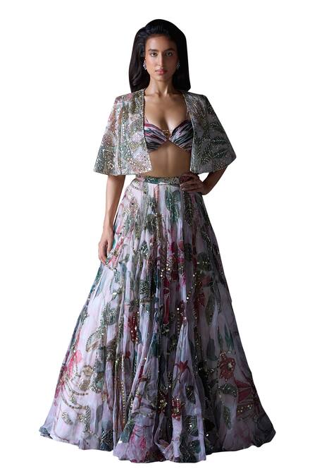 Mahima Mahajan_Pink Organza Sequins, Beads, Embroidery Plunge Neck Aarushi Lehenga Cape Set _Online_at_Aza_Fashions