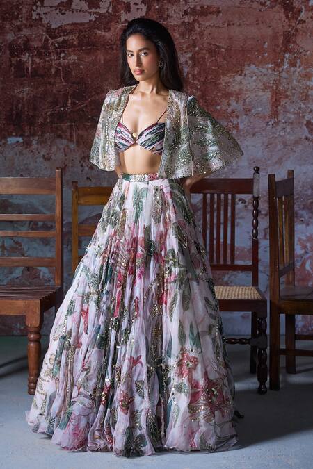 Buy_Mahima Mahajan_Pink Organza Sequins, Beads, Embroidery Plunge Neck Aarushi Lehenga Cape Set _Online_at_Aza_Fashions