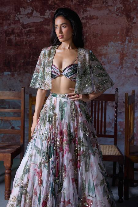 Shop_Mahima Mahajan_Pink Organza Sequins, Beads, Embroidery Plunge Neck Aarushi Lehenga Cape Set _Online_at_Aza_Fashions