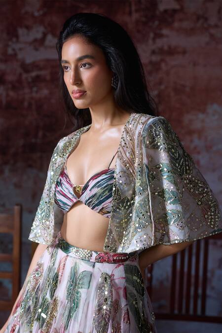 Mahima Mahajan_Pink Organza Sequins, Beads, Embroidery Plunge Neck Aarushi Lehenga Cape Set _at_Aza_Fashions