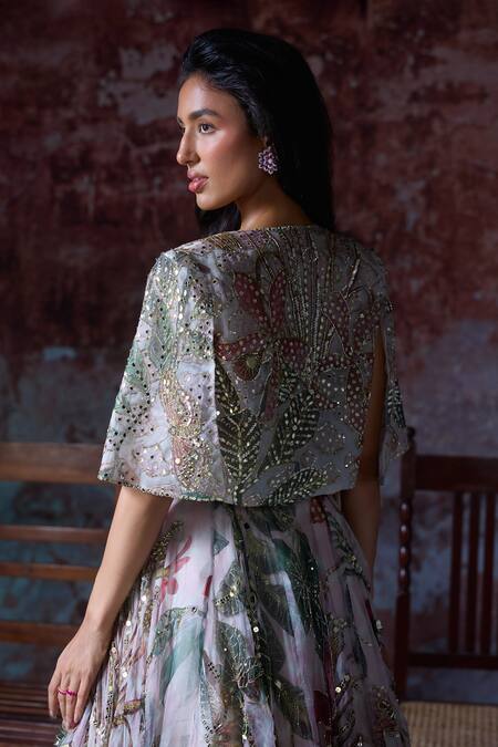 Buy_Mahima Mahajan_Pink Organza Sequins, Beads, Embroidery Plunge Neck Aarushi Lehenga Cape Set 