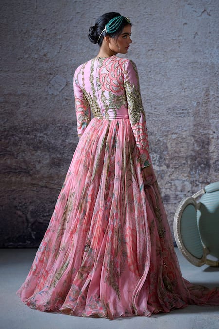 Shop Mahima Mahajan Pink Organza, Silk, Chanderi Adira Floral Print Anarkali With Dupatta at Aza Fashions Shop_Mahima Mahajan_Pink Organza, Silk, Chanderi Adira Floral Print Anarkali With Dupatta _at_Aza_Fashions