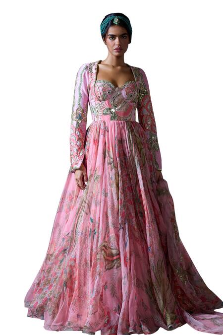 Mahima Mahajan Pink Organza, Silk, Chanderi Adira Floral Print Anarkali With Dupatta Online at Aza Fashions Mahima Mahajan_Pink Organza, Silk, Chanderi Adira Floral Print Anarkali With Dupatta _Online_at_Aza_Fashions