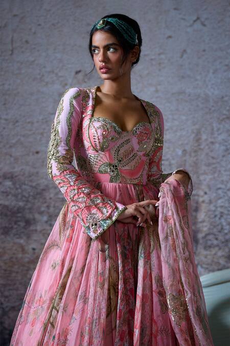 Shop Mahima Mahajan Pink Organza, Silk, Chanderi Adira Floral Print Anarkali With Dupatta Online at Aza Fashions Shop_Mahima Mahajan_Pink Organza, Silk, Chanderi Adira Floral Print Anarkali With Dupatta _Online_at_Aza_Fashions