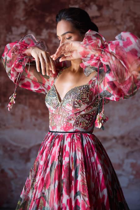 Shop_Mahima Mahajan_Pink Organza Mirrors, Sequins Sweetheart Neck Adya Floral Print Corset Anarkali _Online_at_Aza_Fashions