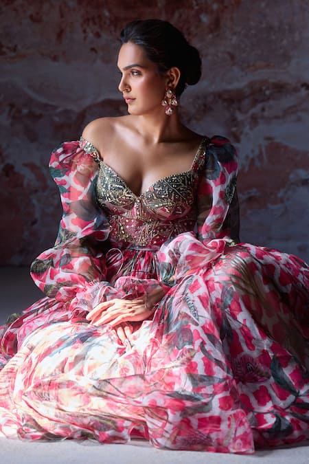 Mahima Mahajan_Pink Organza Mirrors, Sequins Sweetheart Neck Adya Floral Print Corset Anarkali _at_Aza_Fashions