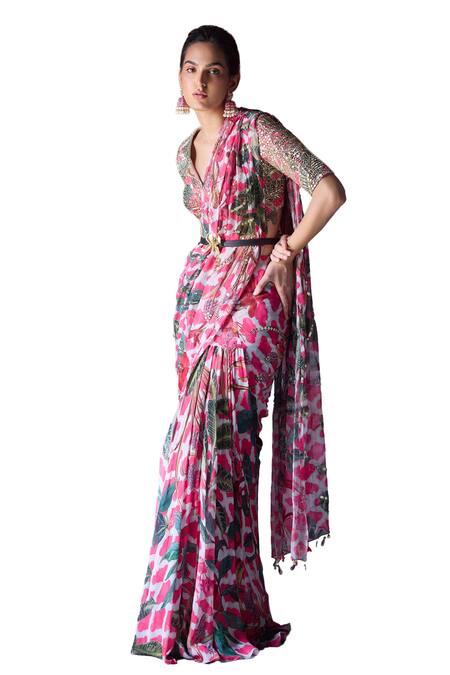 Mahima Mahajan_Pink Georgette Sequins, Beads V-neck Amayra Floral Print Pre-draped Saree Set_Online_at_Aza_Fashions