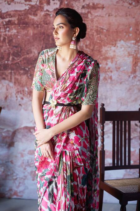 Buy_Mahima Mahajan_Pink Georgette Sequins, Beads V-neck Amayra Floral Print Pre-draped Saree Set_Online_at_Aza_Fashions