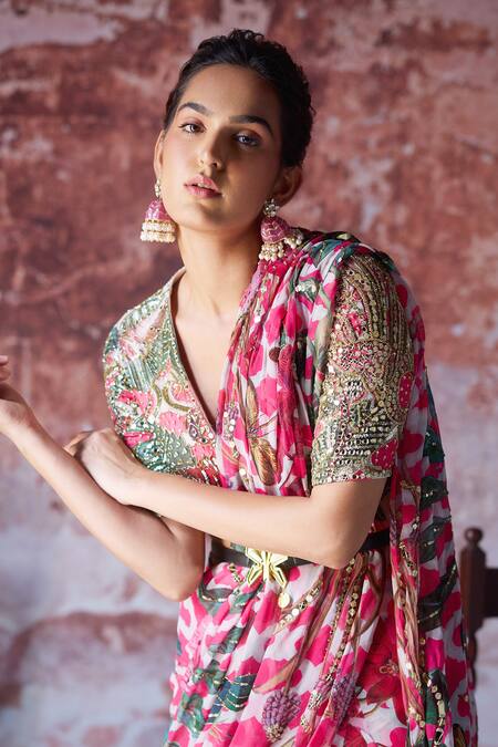 Shop_Mahima Mahajan_Pink Georgette Sequins, Beads V-neck Amayra Floral Print Pre-draped Saree Set_Online_at_Aza_Fashions