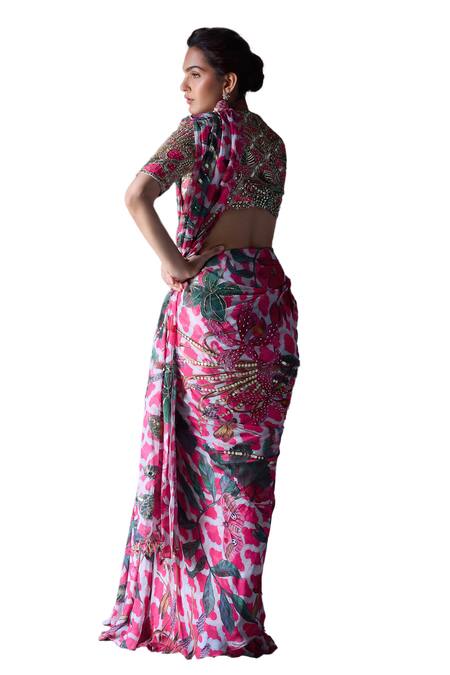 Mahima Mahajan_Pink Georgette Sequins, Beads V-neck Amayra Floral Print Pre-draped Saree Set_at_Aza_Fashions