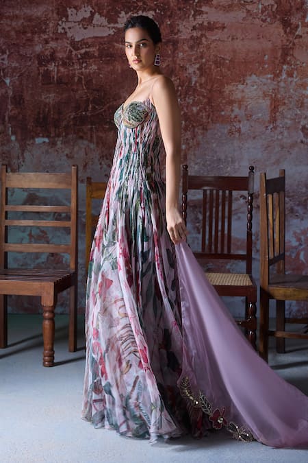 Buy_Mahima Mahajan_Pink Organza Embroidery, Sequins Sweetheart Neck Anya Floral Print Anarkali Set _Online_at_Aza_Fashions