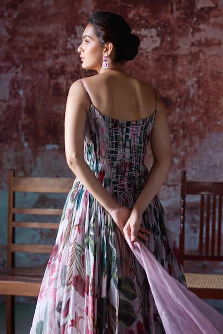 Buy_Mahima Mahajan_Pink Organza Embroidery, Sequins Sweetheart Neck Anya Floral Print Anarkali Set 