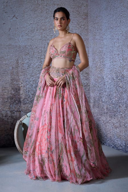 Buy Pink Organza Embroidered Mirror Plunge-v Arya Lehenga Set For Women ...