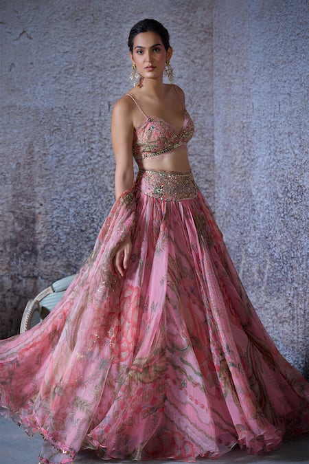 Mahima Mahajan_Pink Organza Embroidery, Beads, Sequins Plunge Neck Arya Lehenga Set _Online_at_Aza_Fashions