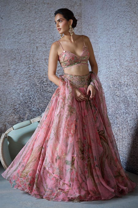 Buy_Mahima Mahajan_Pink Organza Embroidery, Beads, Sequins Plunge Neck Arya Lehenga Set _Online_at_Aza_Fashions