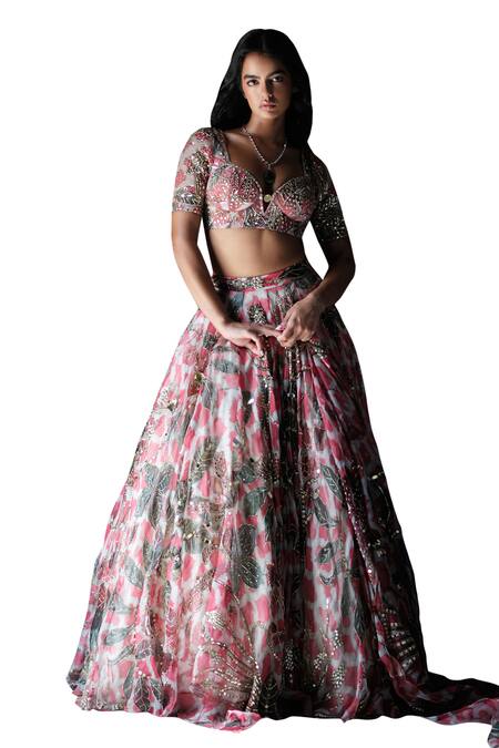 Mahima Mahajan_Pink Organza Sequins, Beads, Embroidery Ashvi Floral Print And Lehenga Set _Online_at_Aza_Fashions