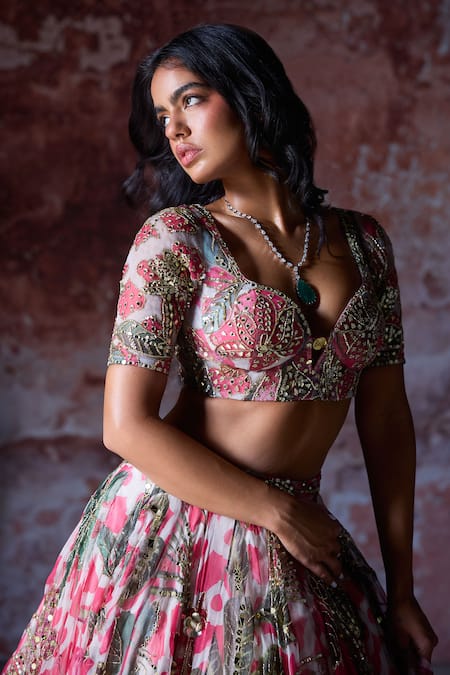 Mahima Mahajan_Pink Organza Sequins, Beads, Embroidery Ashvi Floral Print And Lehenga Set _at_Aza_Fashions