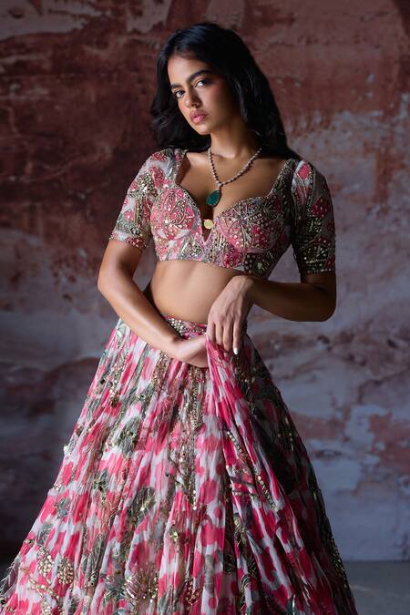 Buy_Mahima Mahajan_Pink Organza Sequins, Beads, Embroidery Ashvi Floral Print And Lehenga Set 