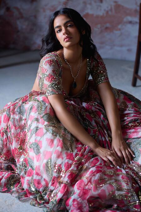 Shop_Mahima Mahajan_Pink Organza Sequins, Beads, Embroidery Ashvi Floral Print And Lehenga Set 