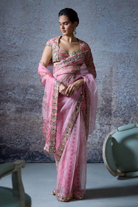 Mahima Mahajan Pink Organza Embroidered Mirror Sweetheart Benu Pre-draped Saree Set 