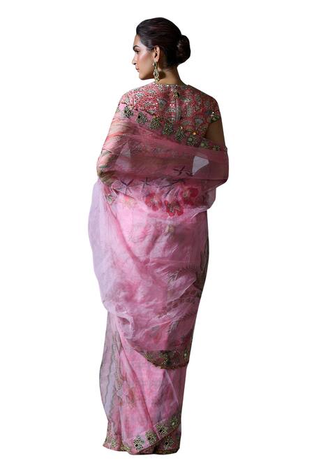 Buy_Mahima Mahajan_Pink Organza, Silk Embroidery, Mirrors Sweetheart Benu Pre-draped Saree Set _Online_at_Aza_Fashions