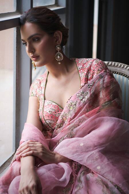 Shop_Mahima Mahajan_Pink Organza, Silk Embroidery, Mirrors Sweetheart Benu Pre-draped Saree Set _Online_at_Aza_Fashions